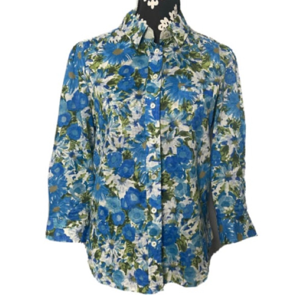 Anthropologie HD in Paris Blue Floral Button-Up – 3/4 Sleeve, Cotton, Size S